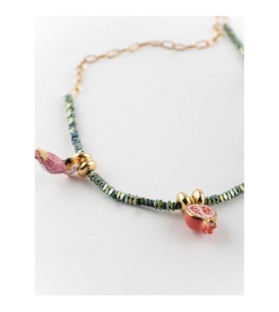 Collier perles d'hématite perruches & grenades